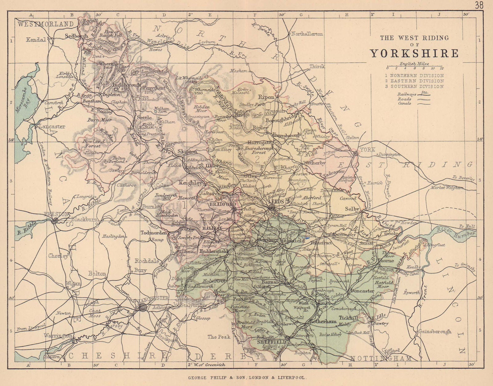 YORKSHIRE WEST RIDING. County map. Railways canals. Constituencies. PHILIP 1885